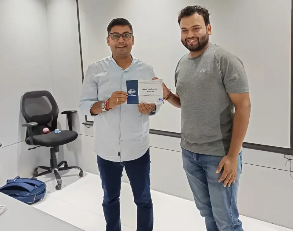 Toastmasters member receiving award, public speaking achievement.